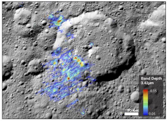 This rendering visualizes signatures on Ceres that indicate the presence of organic material. 