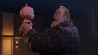 Mr. Incredible holding Jack Jack up, they both look shocked.