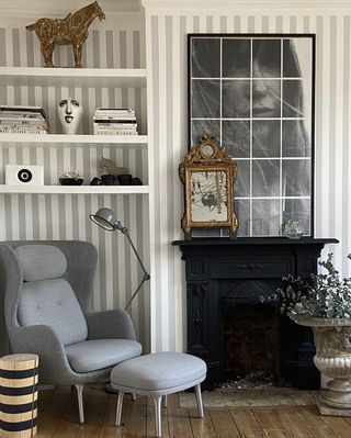 Living room with striped grey and white walls