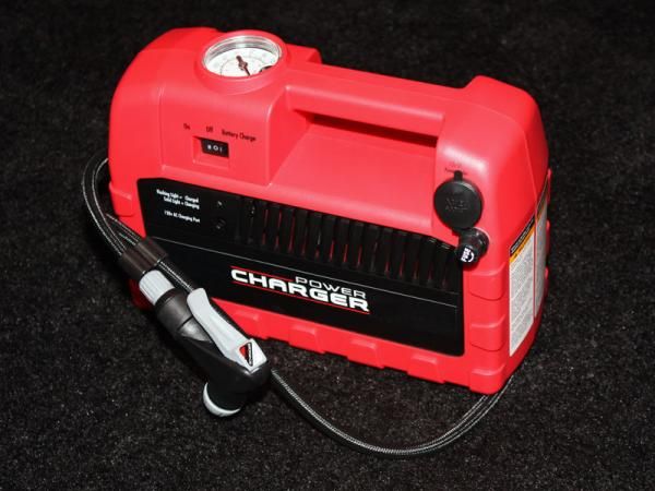 The Bontrager Power Charger is a portable rechargeable compressor with a built-in pressure gauge and Presta/Schrader-compatible head.