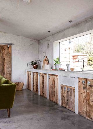 Industrial kitchen with concrete work tops