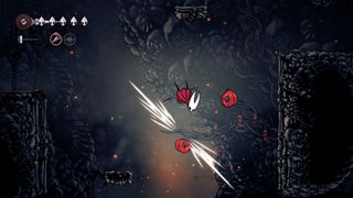 Hornet strikes at a red flow bud beneath her in Hollow Knight: Silksong in The Marrow