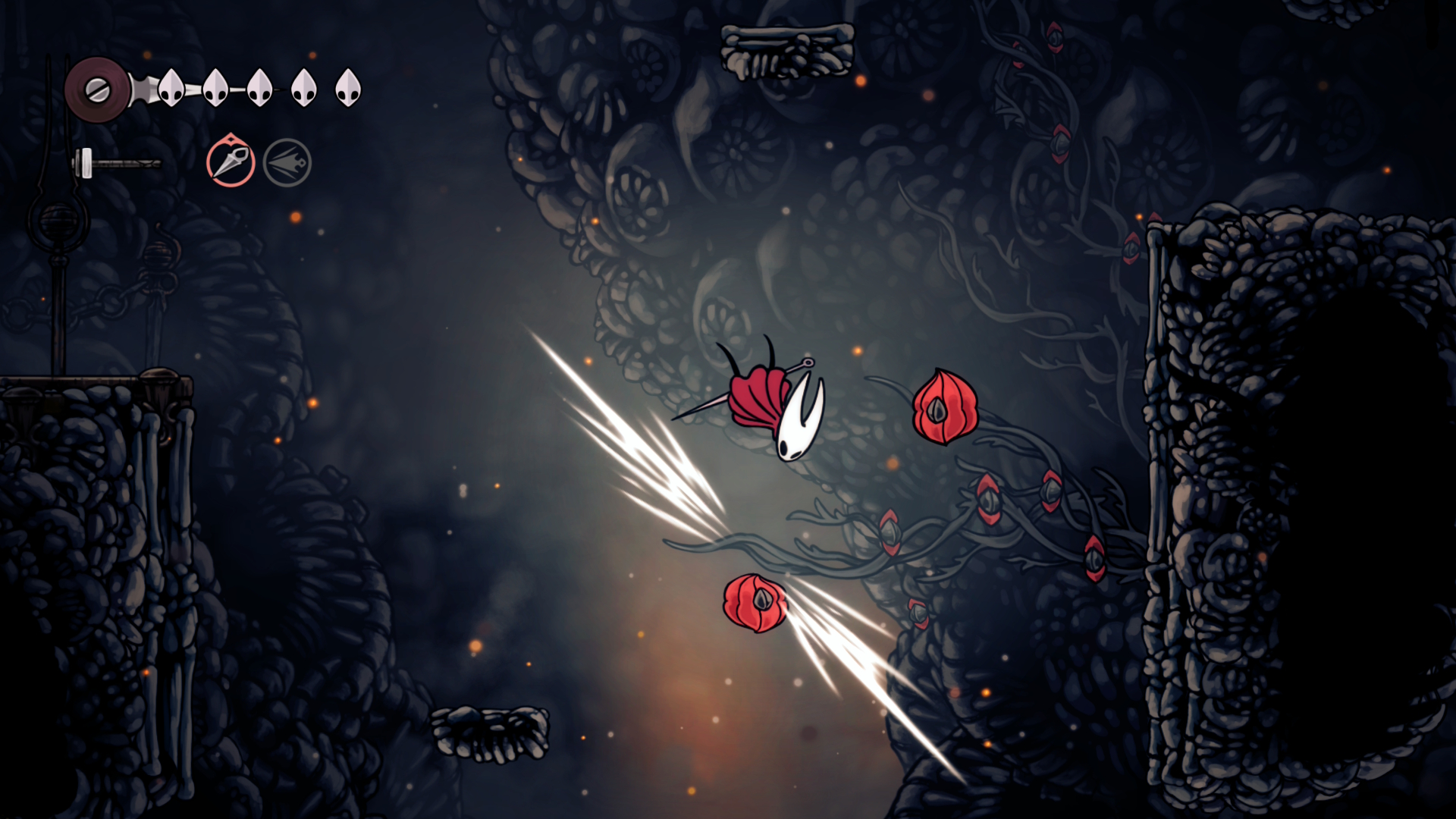 Hornet strikes at a red flow bud beneath her in Hollow Knight: Silksong in The Marrow