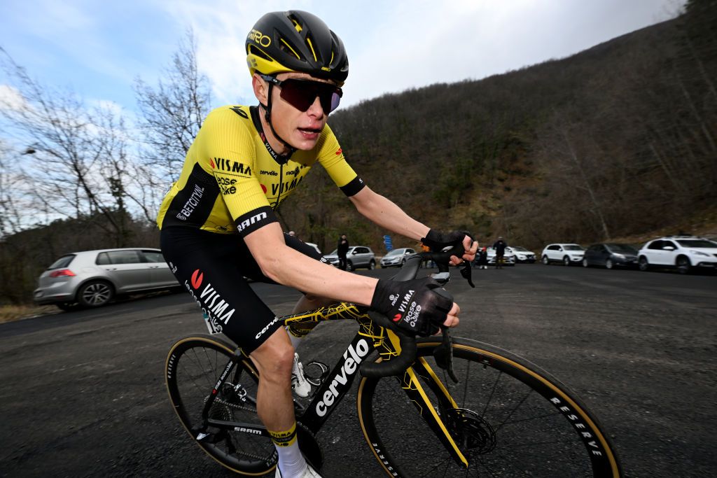 VALLE CASTELLANA ITALY MARCH 08 Jonas Vingegaard Hansen of Denmark and Team VismaLease A Bike attacks in the breakaway during the 59th TirrenoAdriatico 2024 Stage 5 a 144km stage from Torricella Sicura to Valle Castellana 615m UCIWT on March 08 2024 in Valle Castellana Italy Photo by Tim de WaeleGetty Images