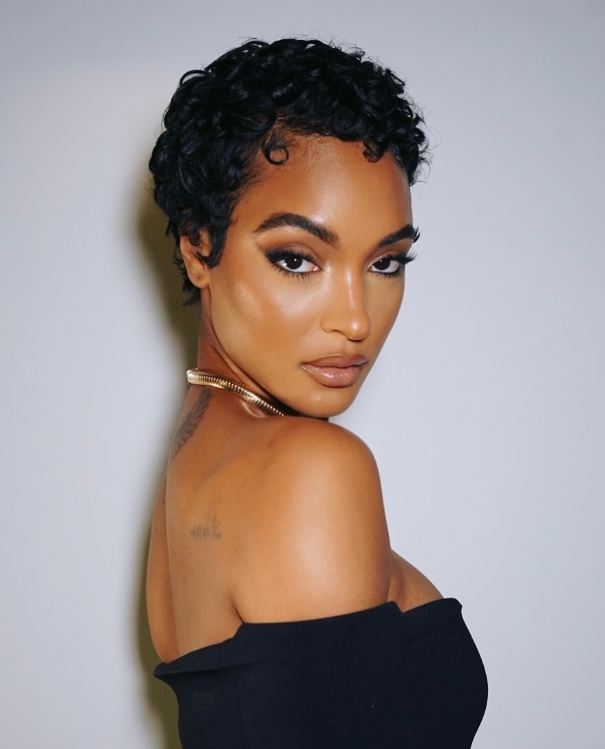 Jourdan Dunn with coiled layered pixie cut