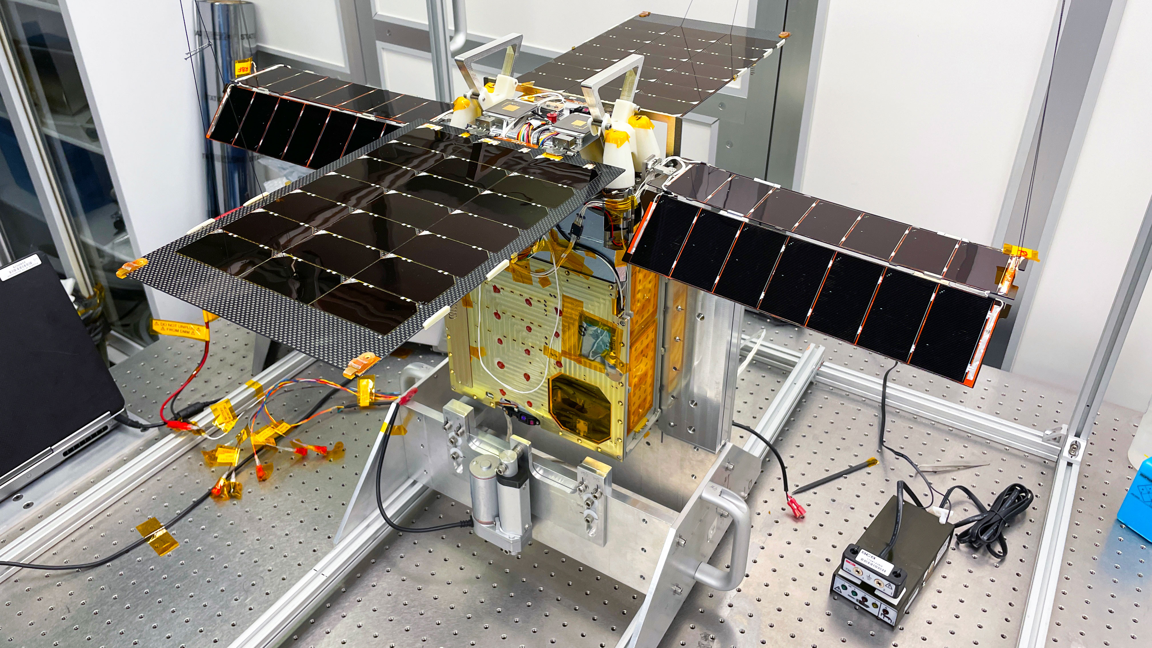 A photo of the Lunar Flashlight spacecraft undergoing pre-launch testing.