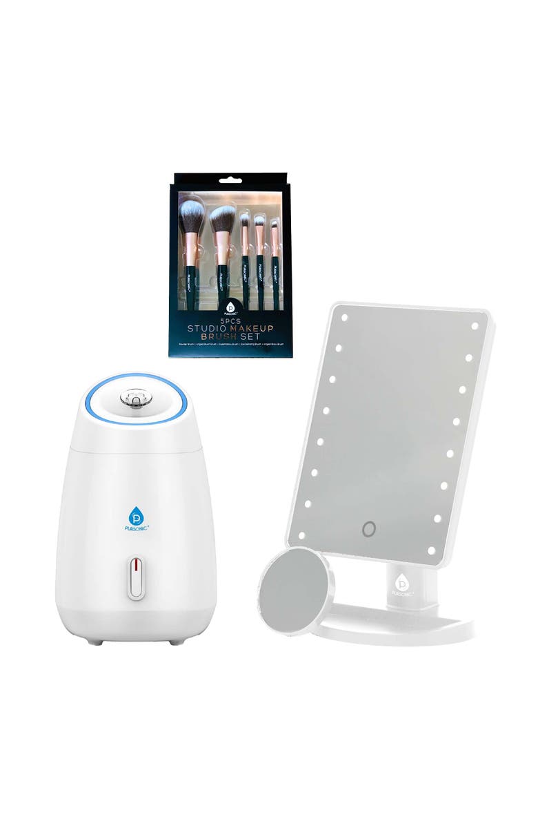 Glow &amp;amp; Go Beauty Bundle With Led Vanity Mirror, Facial Steamer &amp;amp; 5-Piece Brush Set