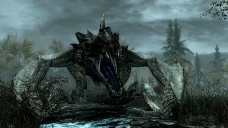 A dragon roars at the player in Skyrim. A storm is intensifying in the background.