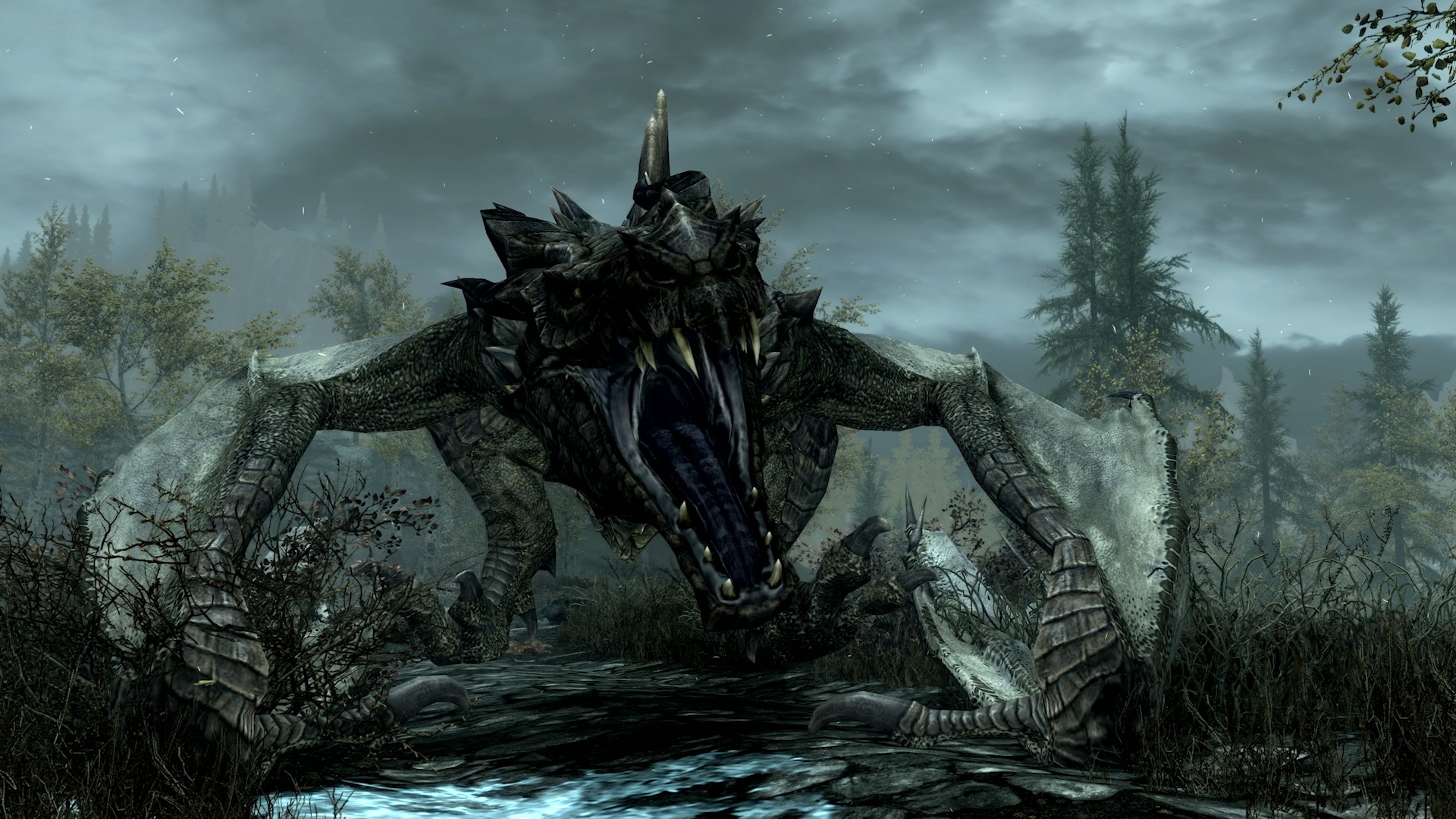 A dragon roars at the player in Skyrim. A storm is intensifying in the background.