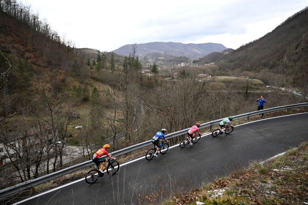 Andreas Leknessund (UnoX), Ivan Garcia (Movistar), and EF Education-Easypost riders Richard Carapaz and Ben Healey in the breakaway