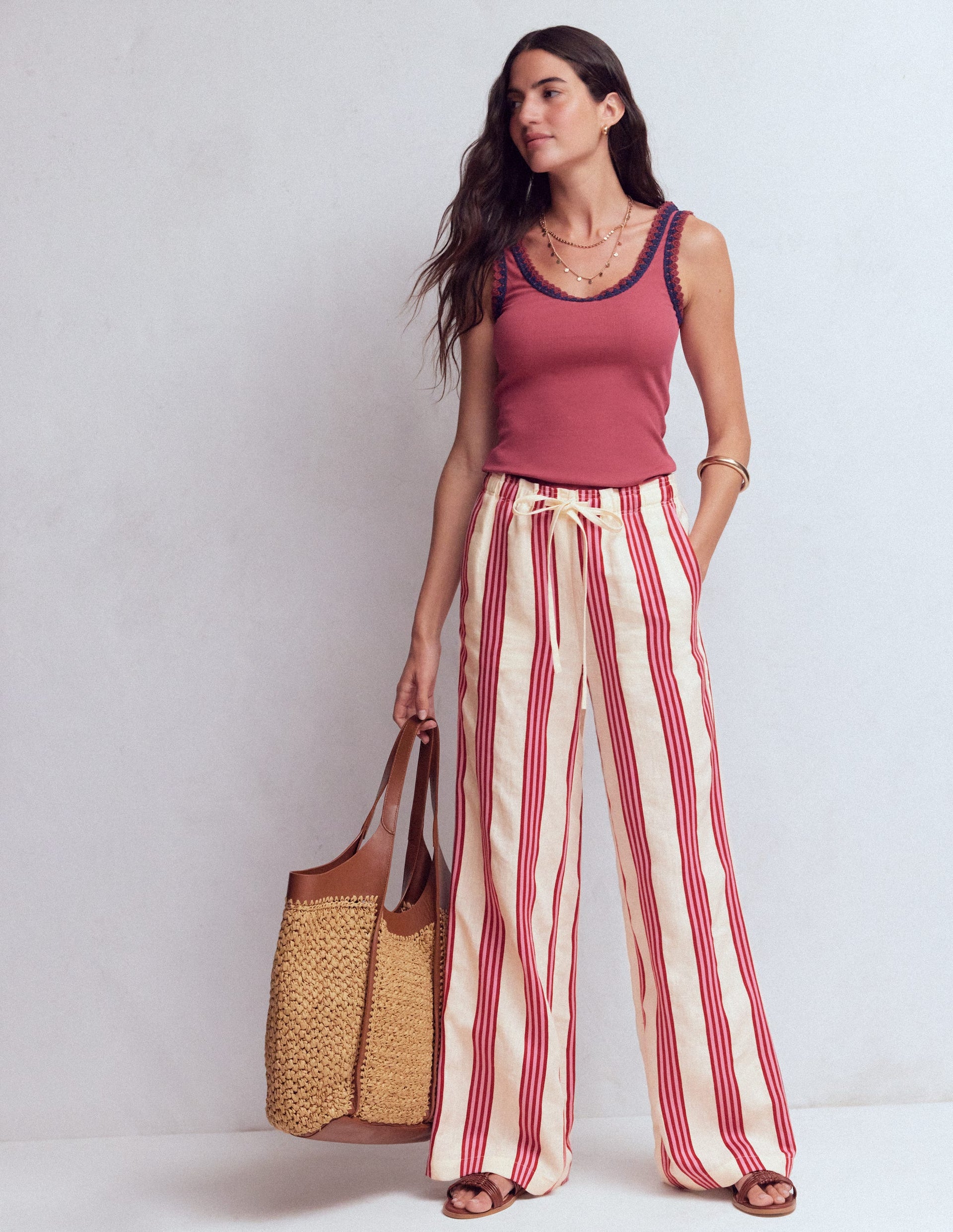Islington Linen Trousers-Ivory, Brown &amp;amp; Pink Stripe