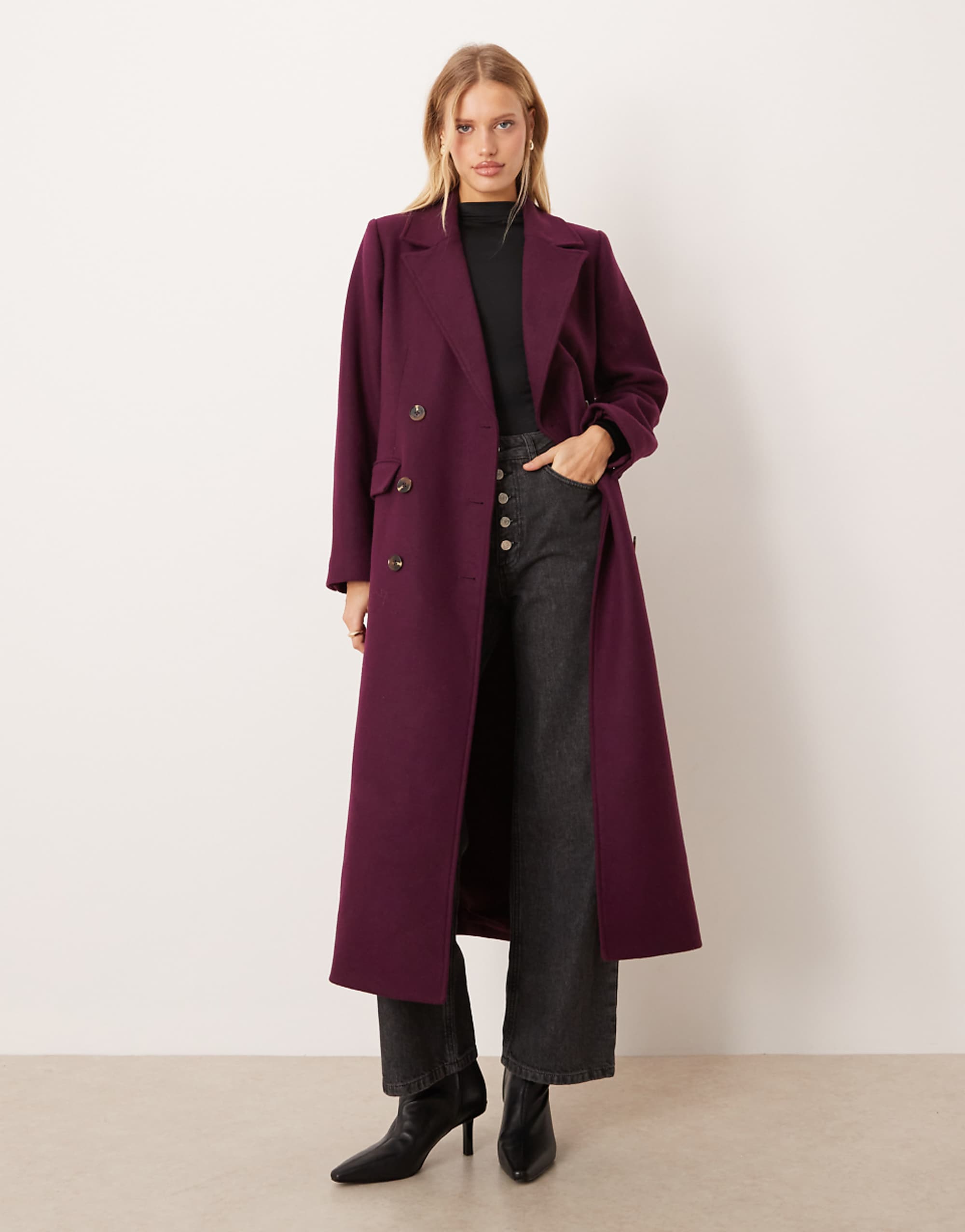 Nobodys Child Longline Double Breasted Coat With Wool in Plum