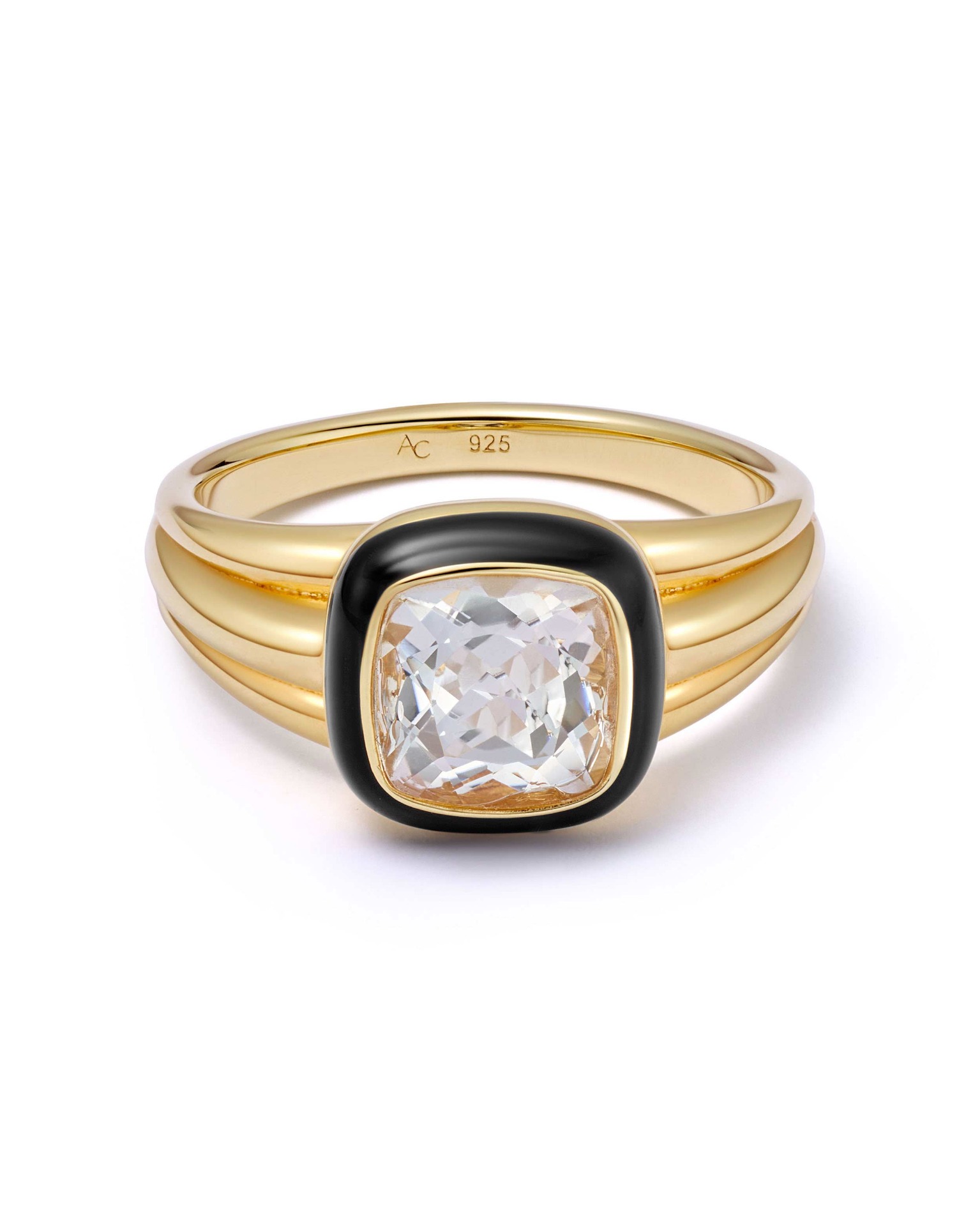 Gold Flare White Topaz Cushion Cut Signet Ring