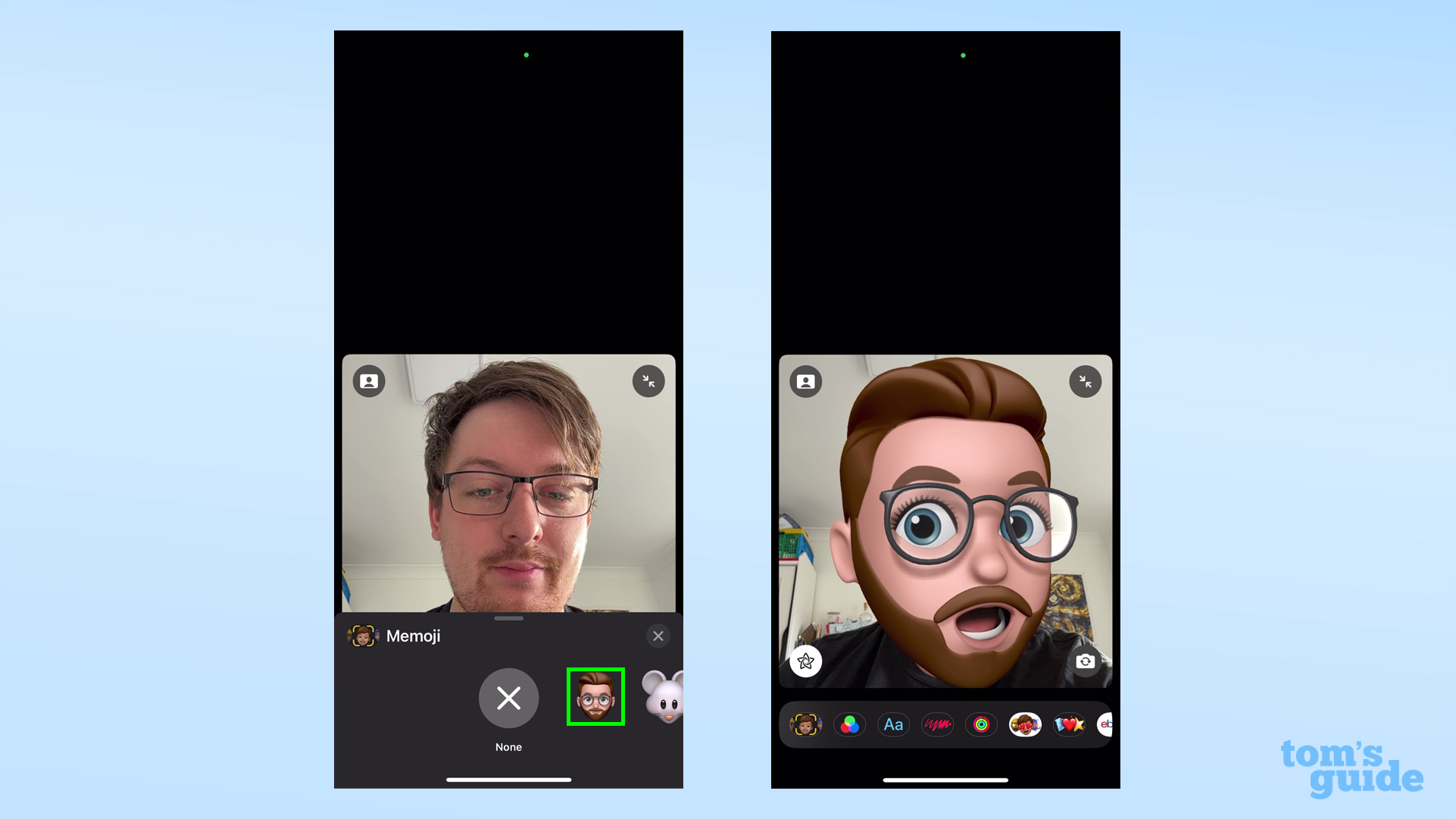 Dos capturas de pantalla que muestran habilitar un Memoji en FaceTime