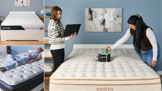 Image shows three of the mattresses recommend in our best mattress buying guide, the Saatva Classic photographed during a pressure relief test, the Helix Midnight photographed during a back sleeper test, and the Nectar Classic photographed at our sleep studio