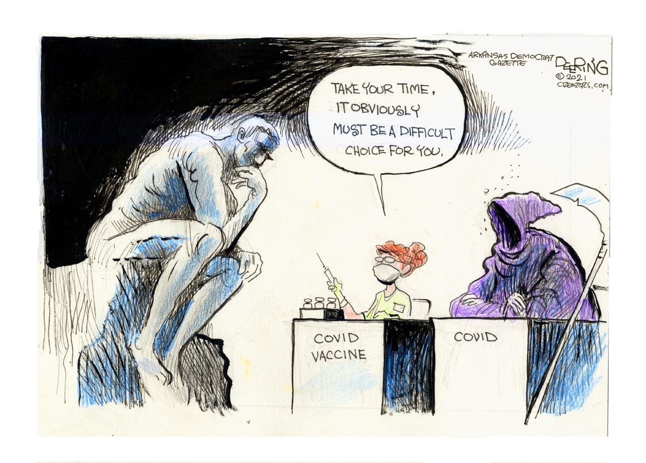 Editorial Cartoon U.S. covid vaccine the thinker