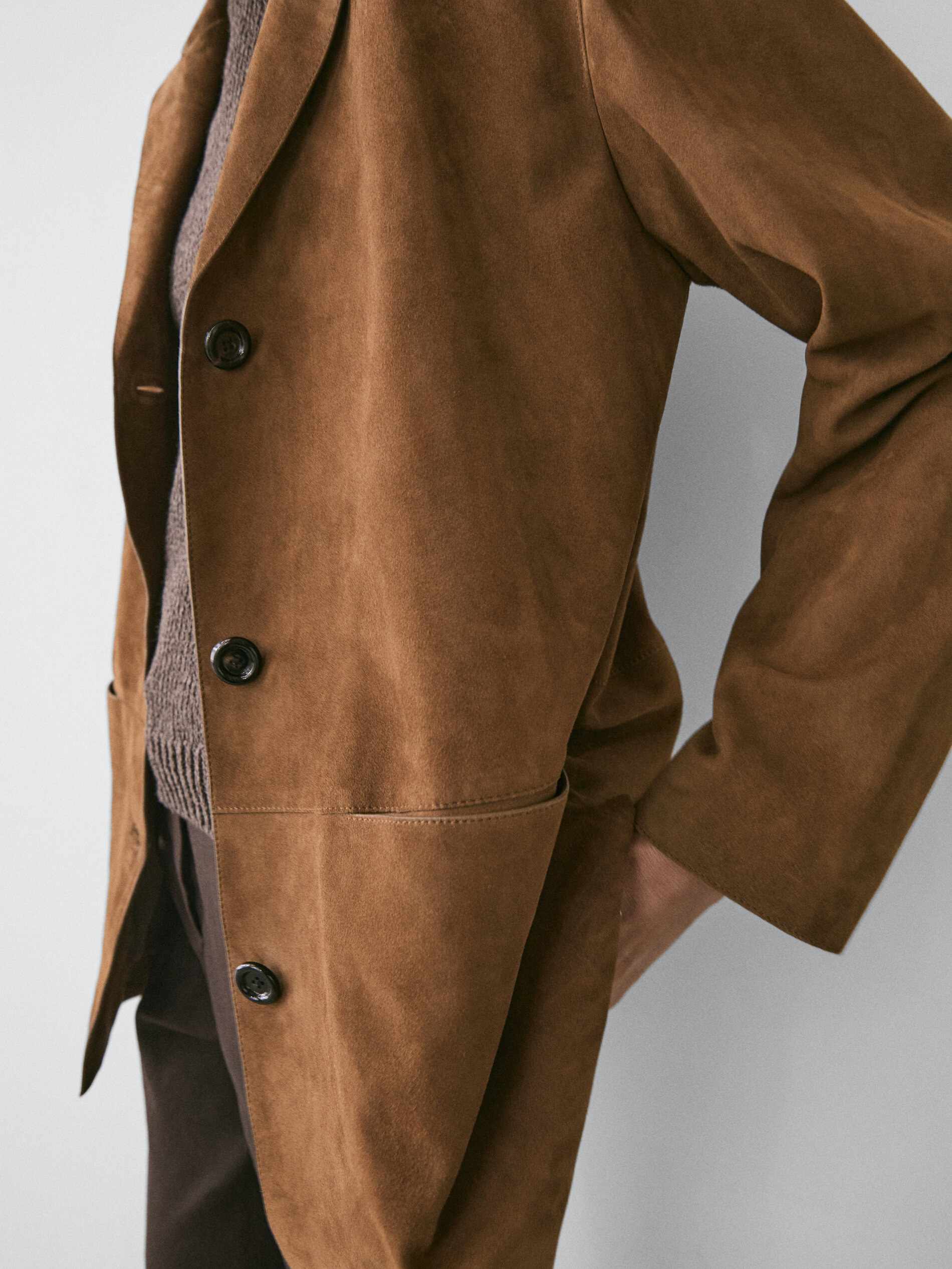 Suede Leather Blazer With Lapel Collar