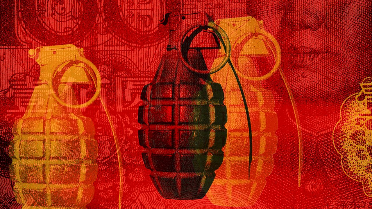 Illustration of Chinese yuan banknote and hand grenades