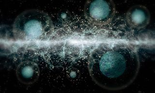 Abstract illustration of particles interacting at the quantum level.