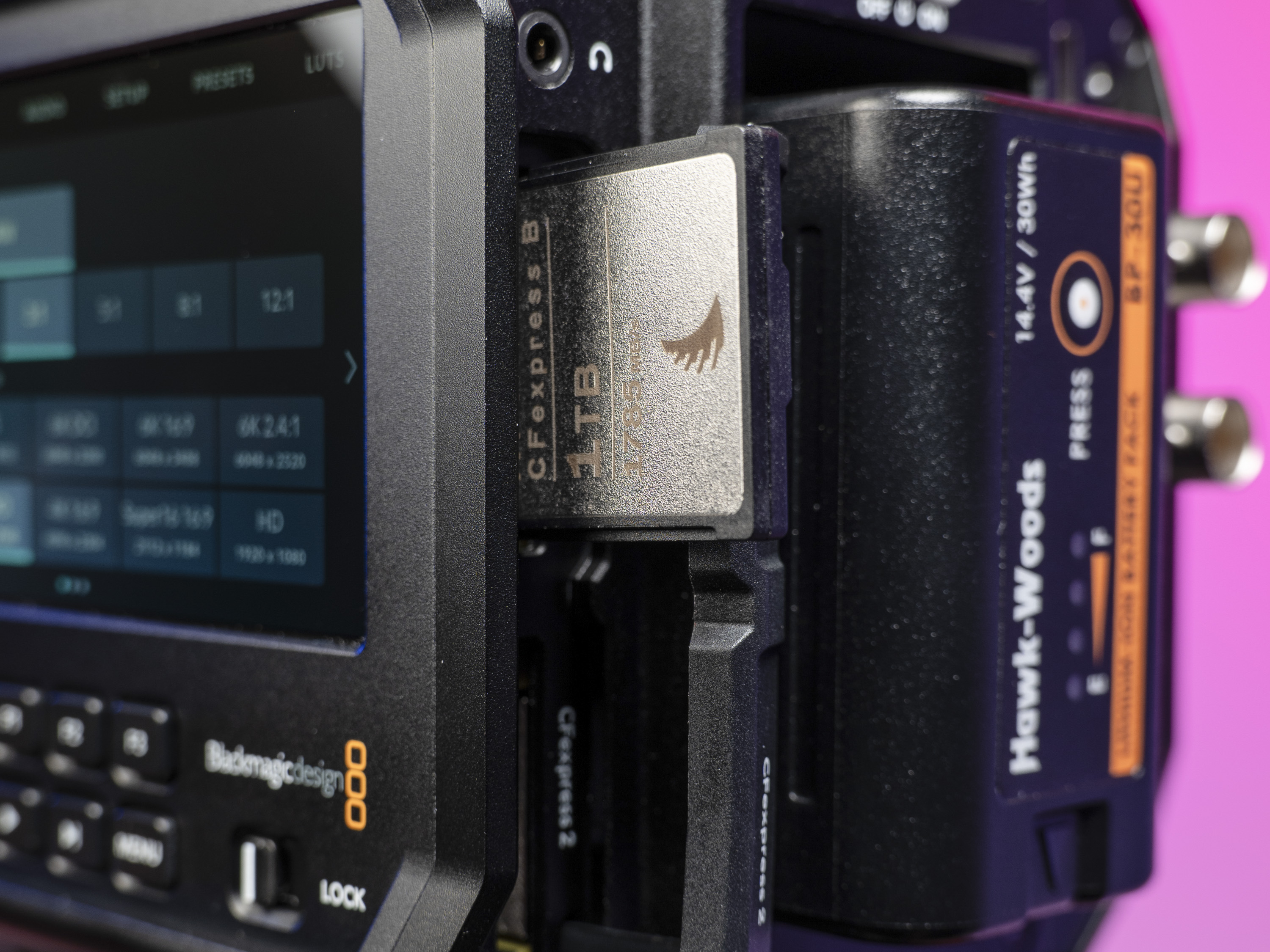 Memory card in the Blackmagic Pyxis 6K camera's card port