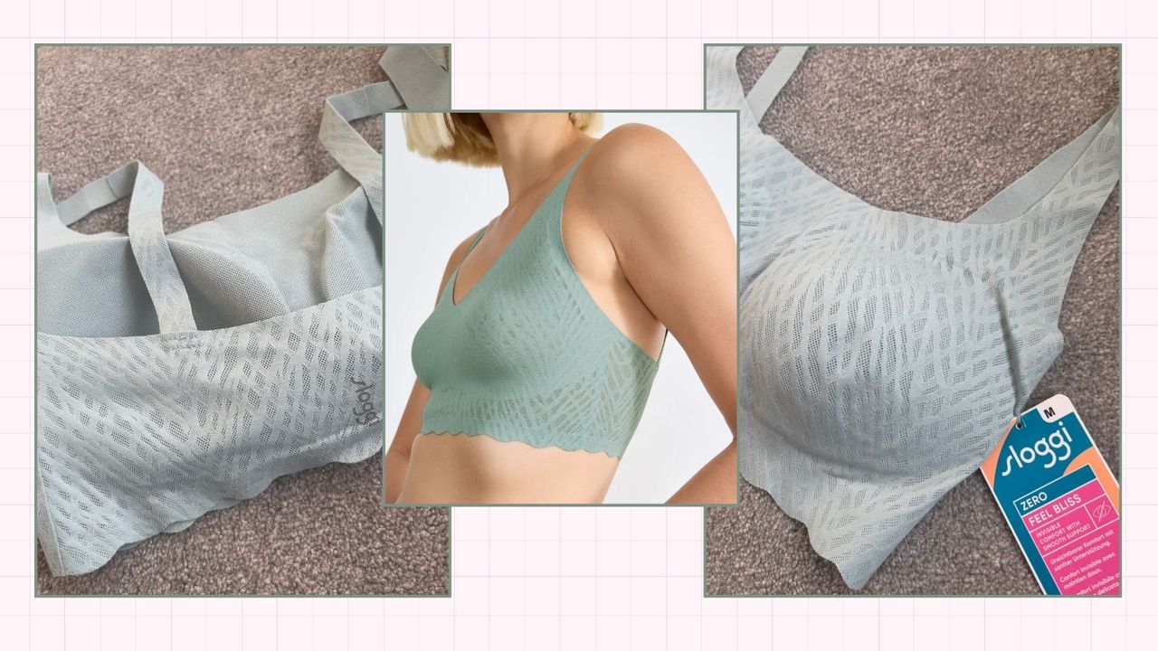 a composite shot of the sloggi bra flat lay and worn on a model