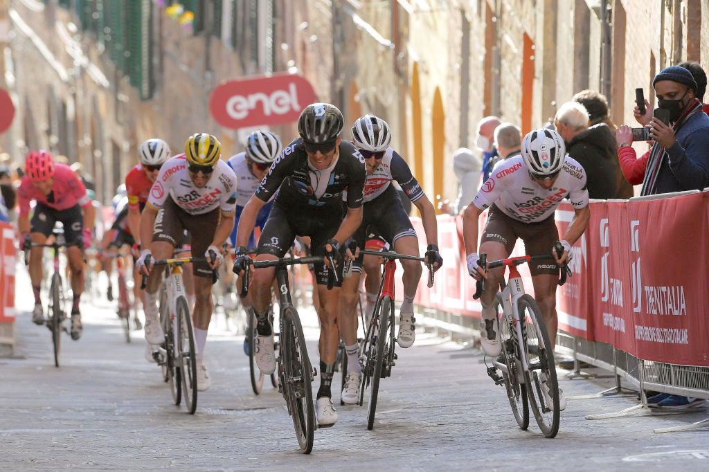 SIENA, ITALY - MARCH 06: Greg Van Avermaet of Belgium and AG2R Citr&Atilde;&para;en Team, Romain Bardet of France and Team DSM &amp; Bauke Mollema of Netherlands and Team Trek - Segafredo during the Eroica - 15th Strade Bianche 2021, Men's Elite a 184km race from Siena to Siena - Piazza del Campo / #StradeBianche / on March 06, 2021 in Siena, Italy. (Photo by Luc Claessen/Getty Images)