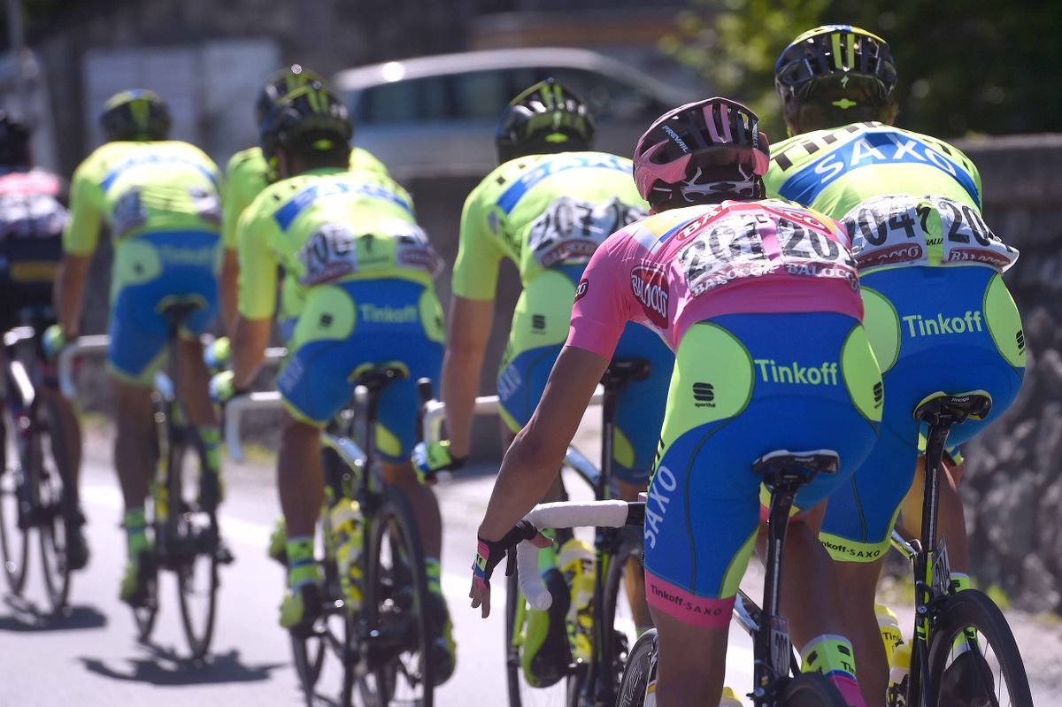 Alberto Contador on at the rear of the Tinkoff-Saxo train