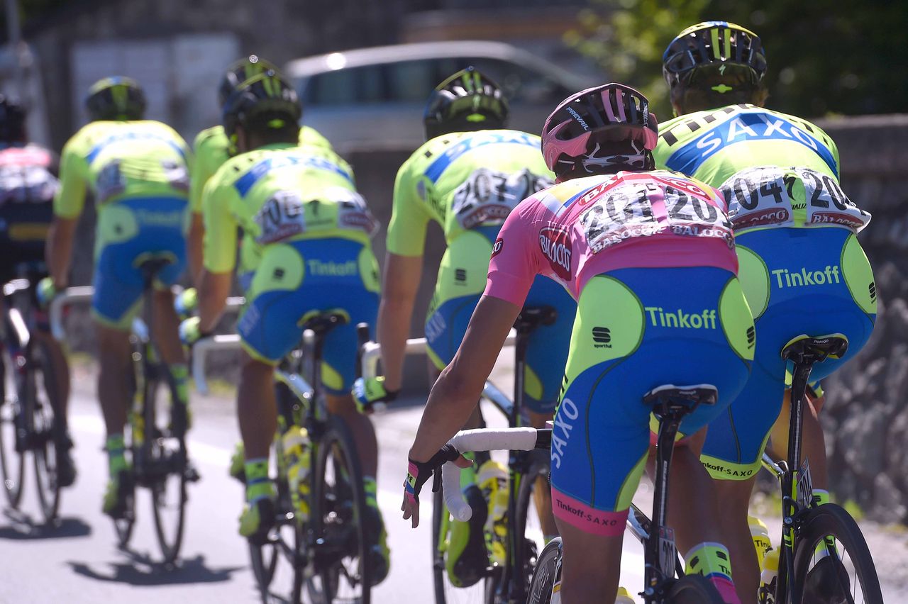 Alberto Contador on at the rear of the Tinkoff-Saxo train