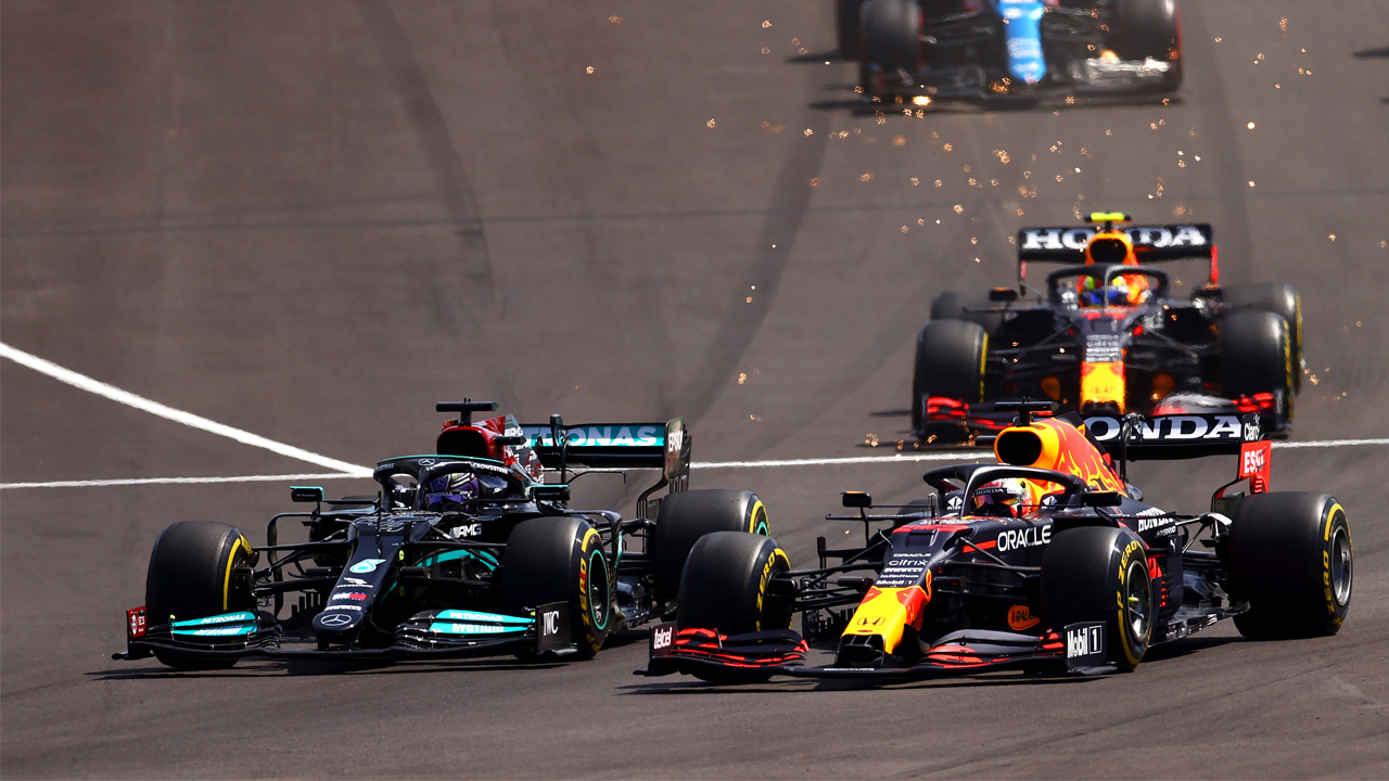Lewis Hamilton and Max Verstappen on track