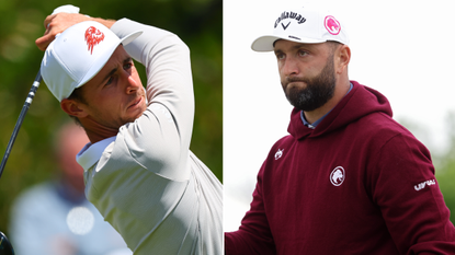 David Puig hits a fairway wood, Jon Rahm smiles and walks off