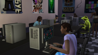 The Sims 4 - Several sims all sit at computers playing video games in an internet cafe small business