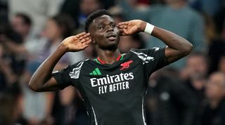 Bukayo Saka celebrates after scoring for Arsenal against Real Madrid in the Champions League last eight in April 2025.