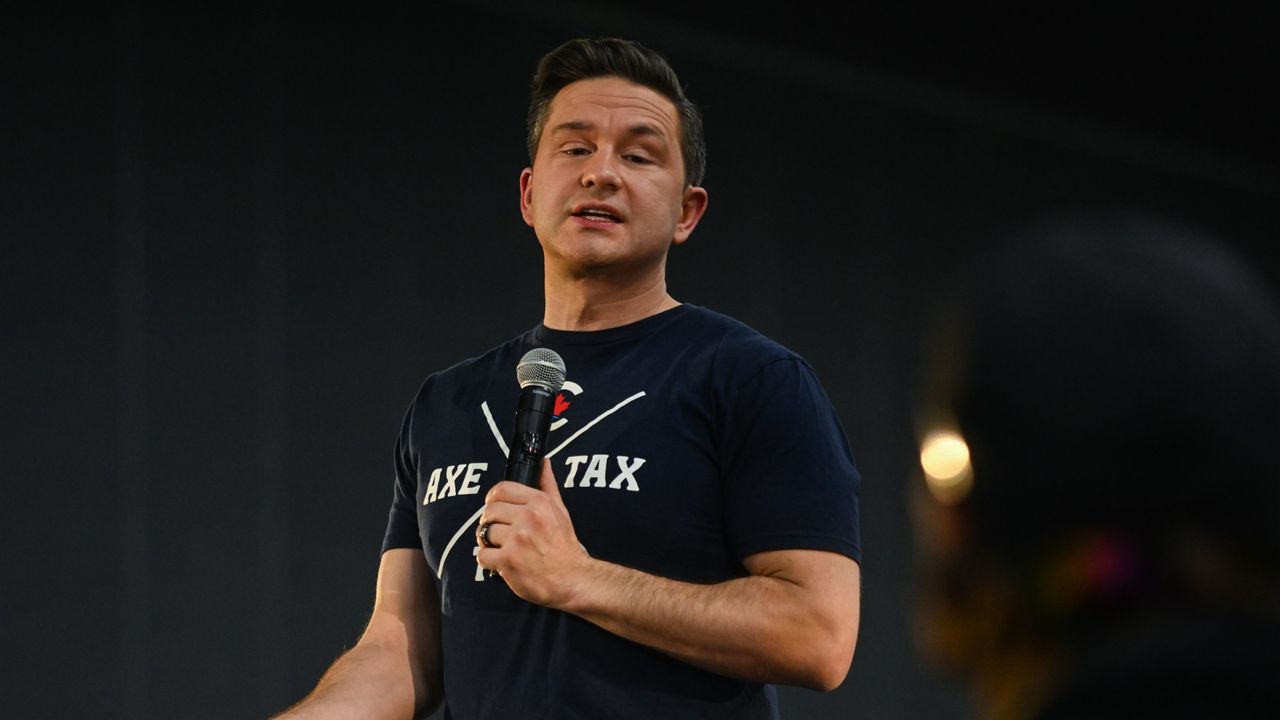 Pierre Poilievre, leader of Canada&#039;s Conservative Party, speaks during a &#039;Spike the Hike - Axe the Tax&#039; rally in Edmonton, March 2024