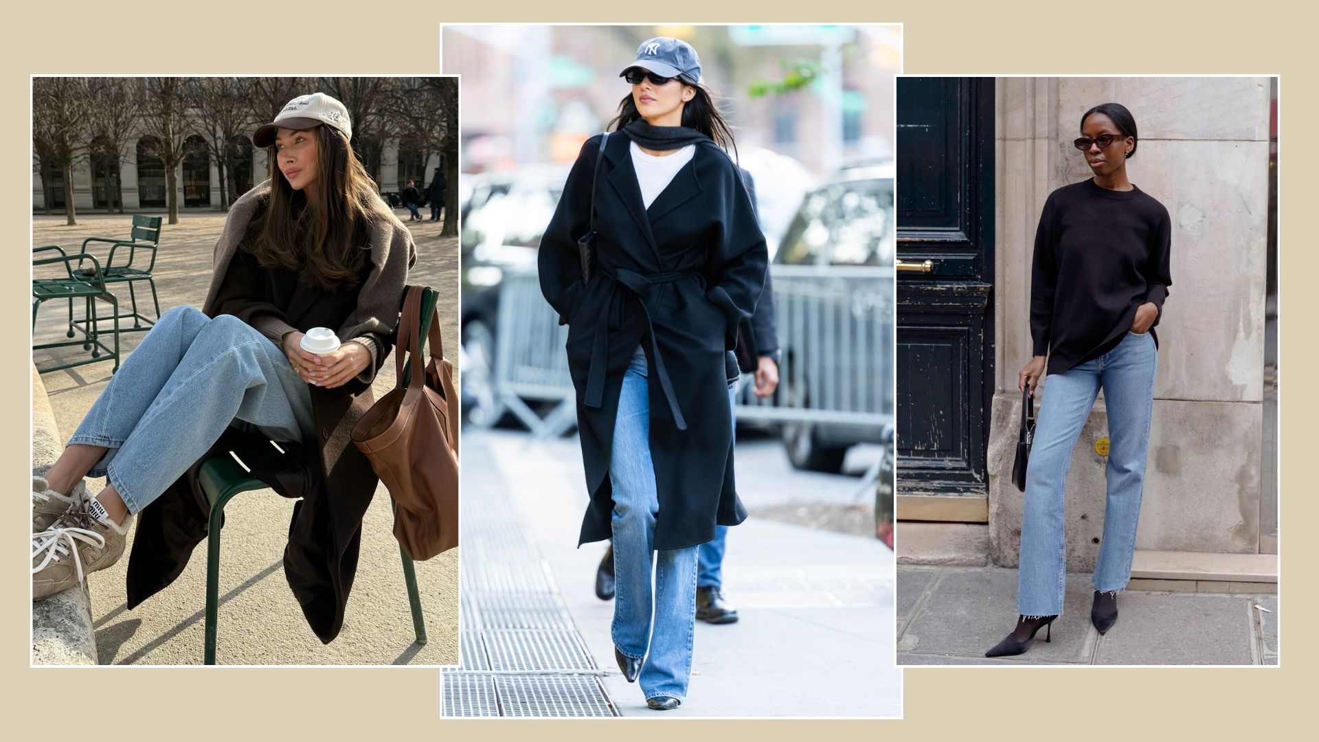 A collage of the best shoes to wear with bootcut jeans, as pictured on Kendall Jenner and @sylviemus_