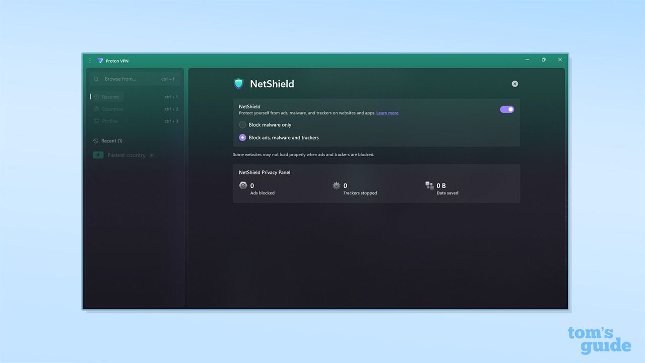 Proton VPN's NetShield tab in its Windows app.