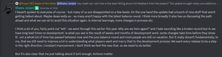 A Discord message that reads: "I haven't spoken to everyone of course - but many of us are disappointed on a few levels. On the one hand the update had a bunch of nice stuff that aren't getting talked about. Maybe deservedly so - as many aren't happy with the latest balance round. I think more broadly it also has us discussing the path ahead and what we can do to avoid this situation again. ie internal learnings, more changes in process etc. I think a lot of you, fairly point out "wtf - we went through this earlier this year. Why are we here again?" and I hate sounding like a broken record but A: we have long lead times on development. ie what you see is the result of weeks and months of development work. some changes take time before they show. B: not a whole lot of time has passed between now and the june balance round and most people are still on vacation. But it really doesn't fundamentally, to me, that we still need to improve a lot in understanding what players want and marry that to the development process. We want every release to be a step in the right direction. Constant improvement. I don't think we feel this was that. so we need to do better.But it's also clear that me just talking about it isn't enough. Actions matter."