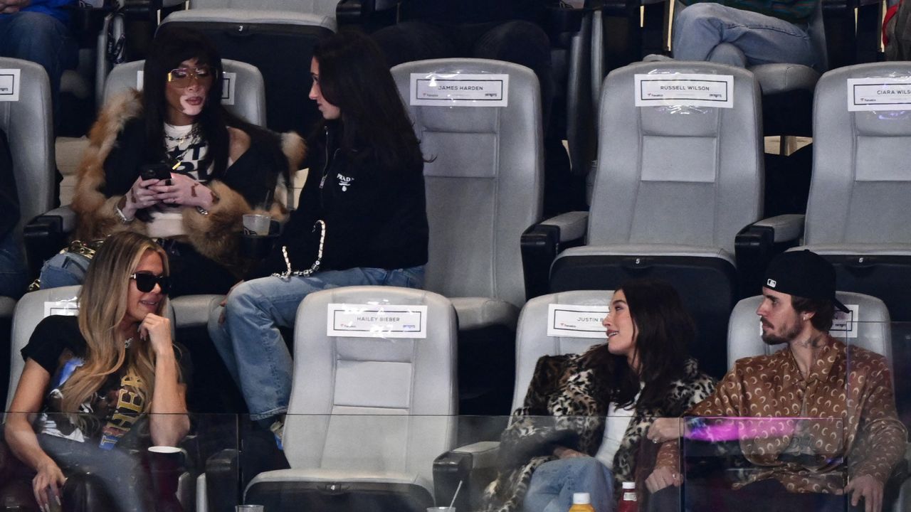 Khloe Kardashian, Winnie Harlow, Justin Bieber, and Hailey Bieber attend Super Bowl LVIII