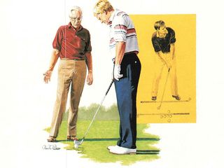 Illustration of Jack Nicklaus working with his coach on alignment in the golf swing