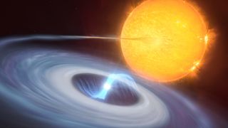 An artist’s impression of a binary system where micronovae may occur. The blue disc swirling around the bright white dwarf in the centre of the image is made up of material, mostly hydrogen, stolen from its companion star. At the centre of the disc, the white dwarf uses its strong magnetic fields to funnel the hydrogen towards its poles.