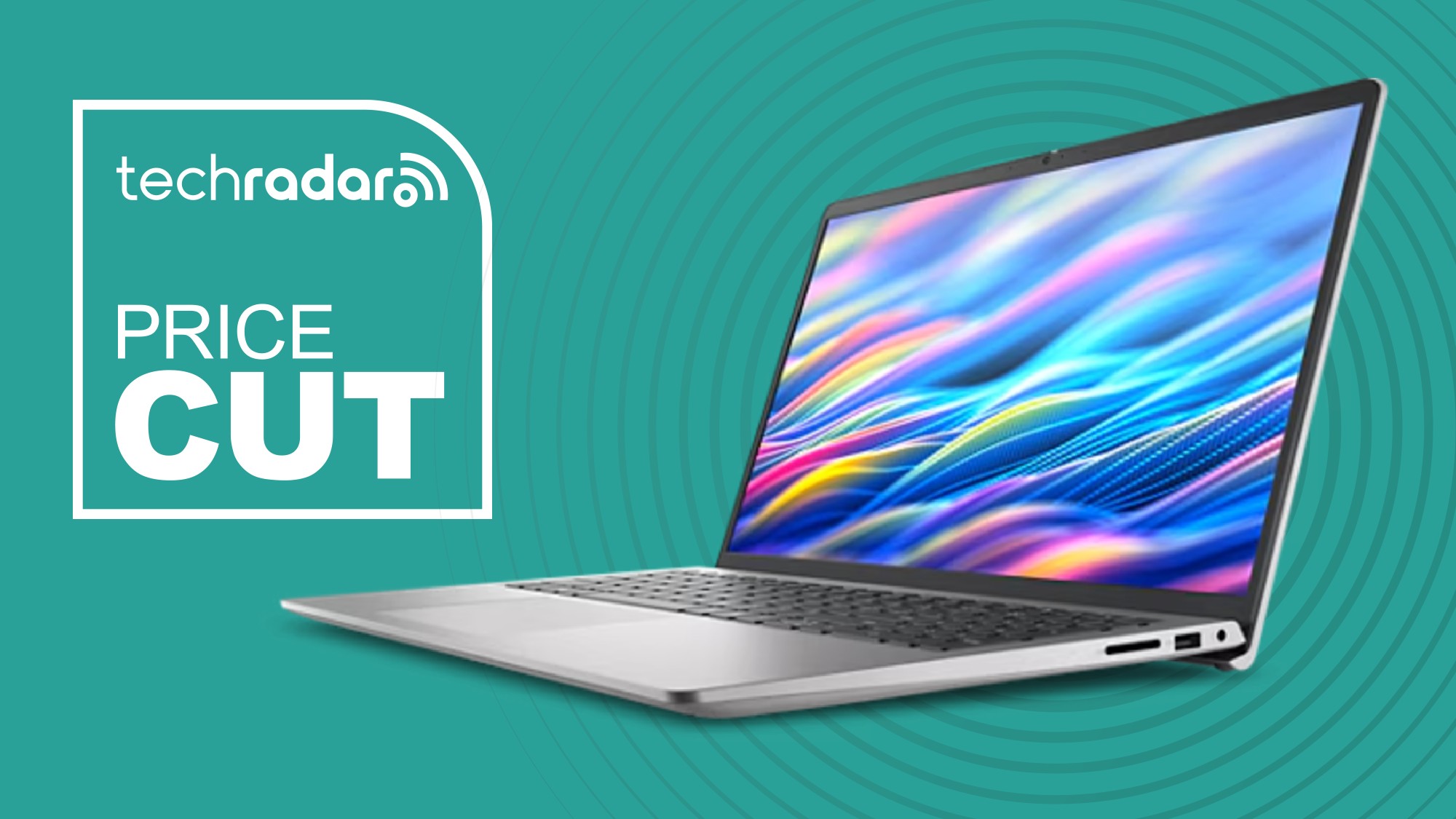 The Dell 15 Laptop on a green background next to a TechRadar badge that reads 'Price Cut'