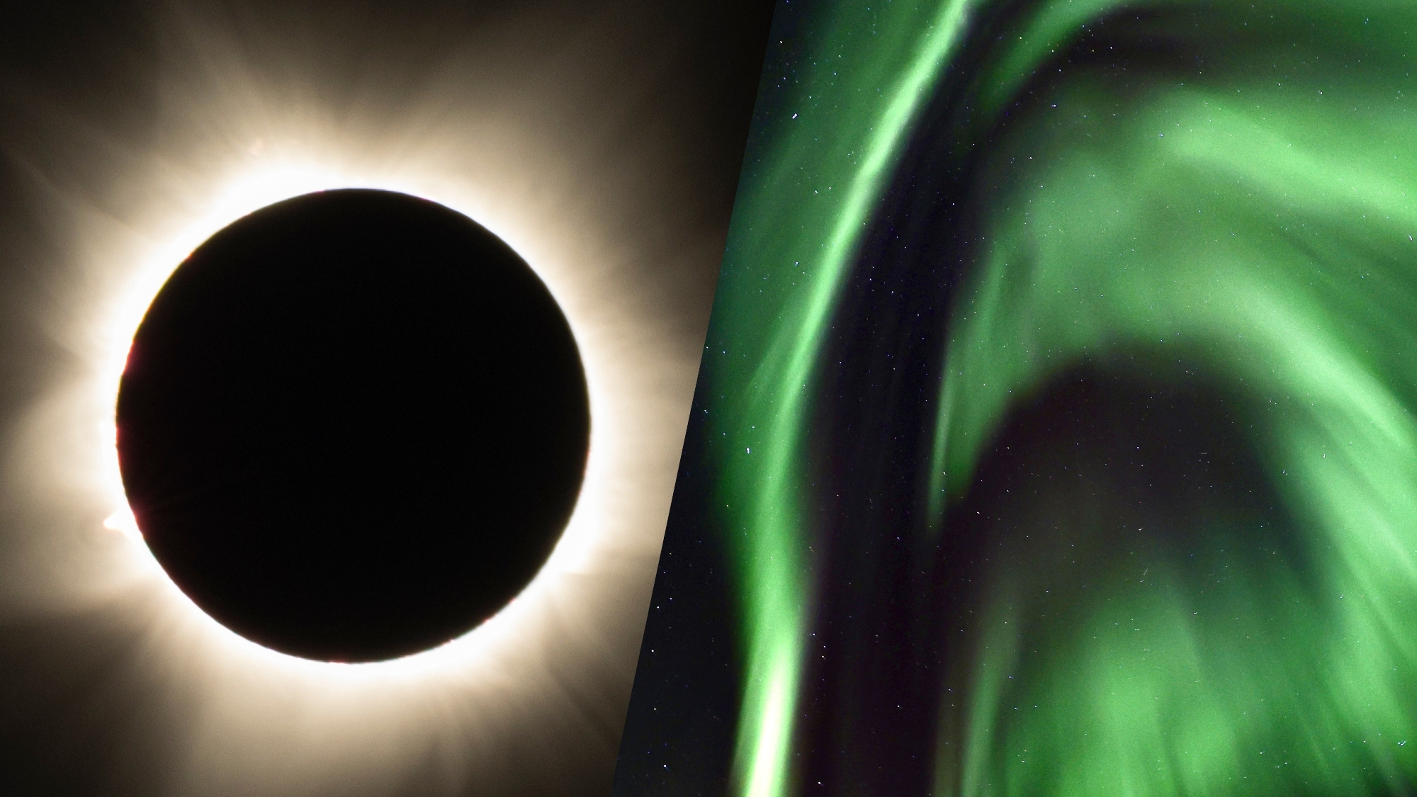 two panel image on the left is a total solar eclipse with the corona glowing like a while halo around the moon on the right is a beautiful green auroral corona - whereby it appears overhead and looks like it is reaching down toward the observer.