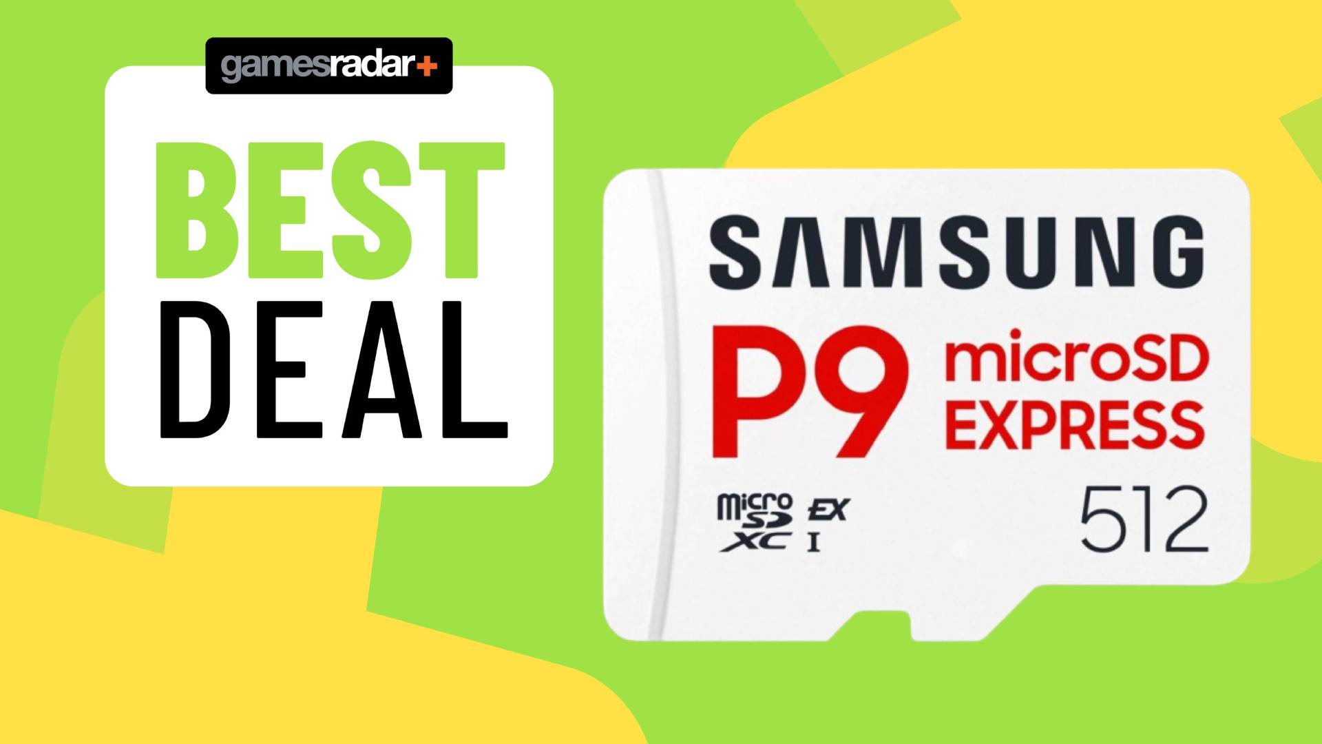 Official image of the white Samsung P9 microSD Express card, sitting on a light green GamesRadar+ background.
