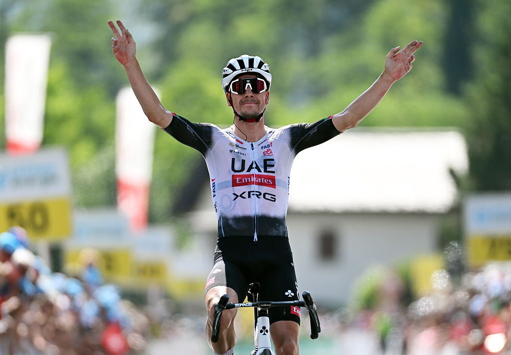Joao Almeida of Portugal and UAE Team Emirates - XRG celebrates at finish line as stage winner during the 88th Tour de Suisse, Stage 4 a 193.2km stage from Heiden to Piuro (Valchiavenna) / #UCIWT / on June 18, 2025 in Piuro, Switzerland. (Photo by Tim de Waele/Getty Images)