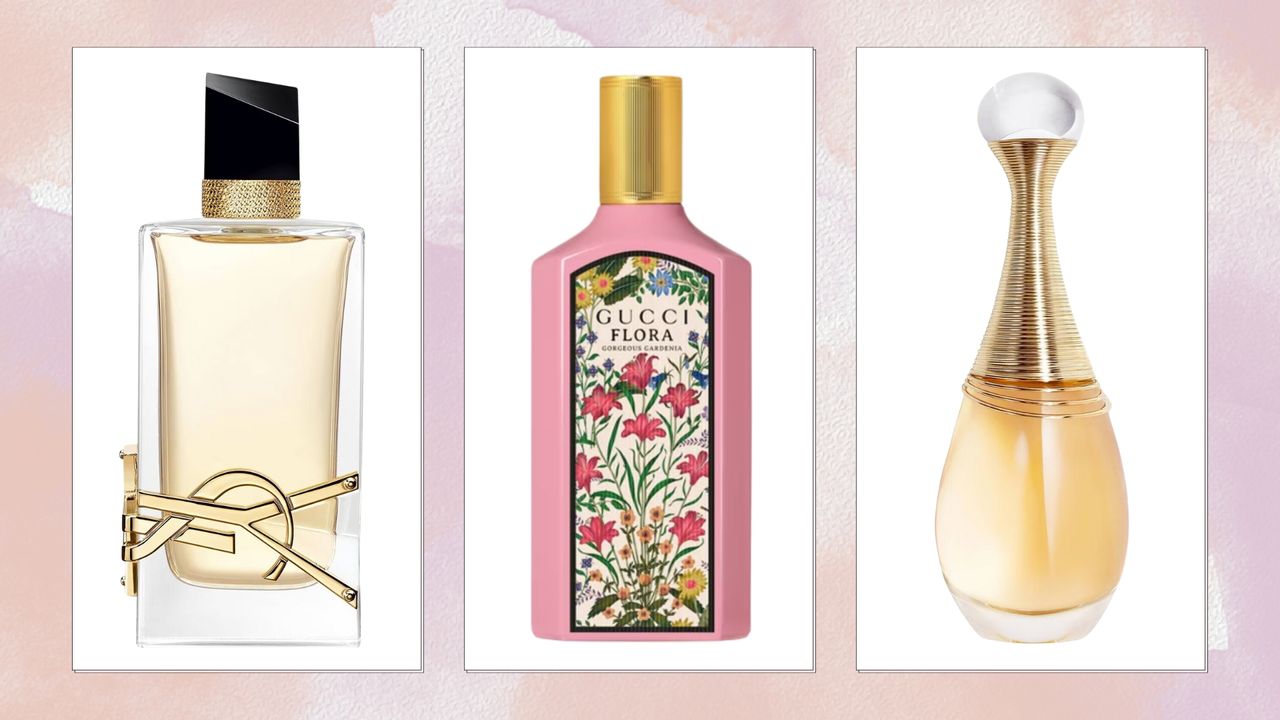 Collage of popular perfumes (L-R) YSL Libre, Gucci Flora Gorgeous Gardenia and Dior J&#039;Adore, on a pink watercolour background