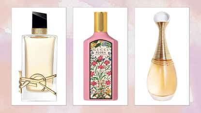 Collage of popular perfumes (L-R) YSL Libre, Gucci Flora Gorgeous Gardenia and Dior J'Adore, on a pink watercolour background