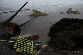 Debris is seen during a storm surge near the Puerto Chico Harbor during the passing of Hurricane Irma on Sept. 6 in Fajardo, Puerto Rico.