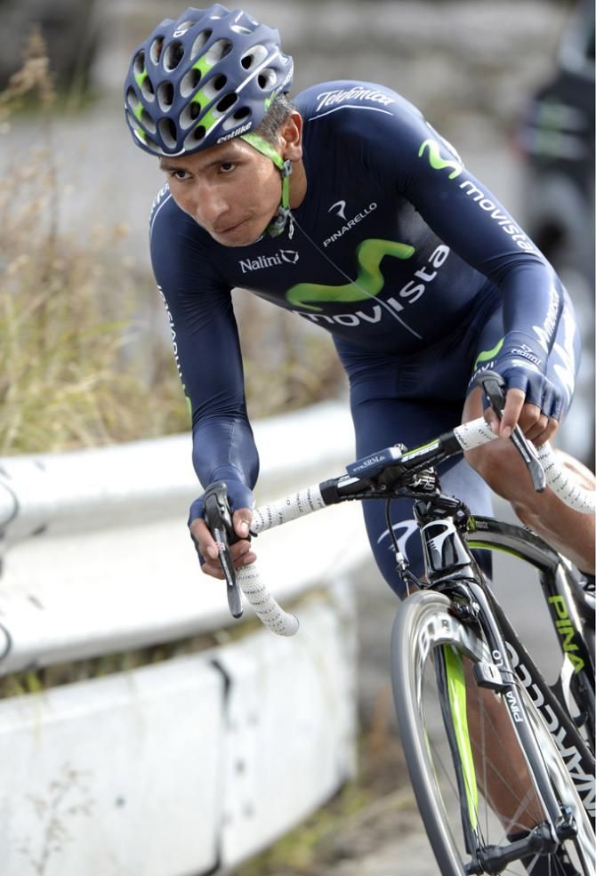 Nairo Quintana (Movistar) rides to a third place finish in the final time trial at Paris-Nice.