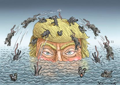 Political cartoon U.S. Trump sinking ship rats