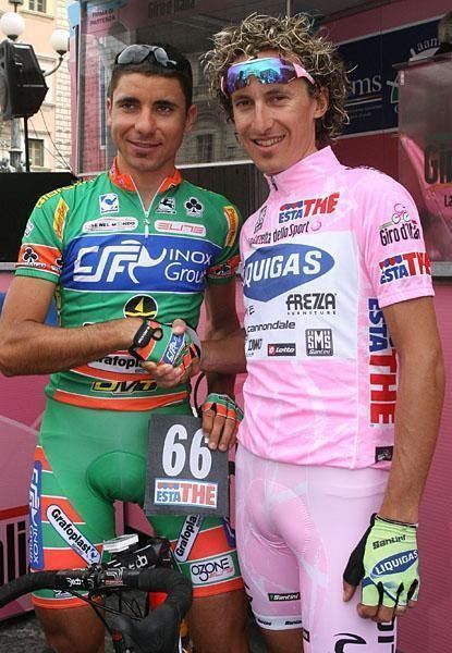 First and last: Filippo Savini (CSF Group Navigare) is last rider on GC, and gets the black number, while Pellizotti is first on GC in pink.
