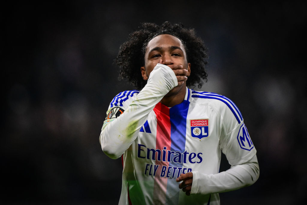 Malick Fofana of Lyon celebrating a goal in the 2024/25 Europa League
